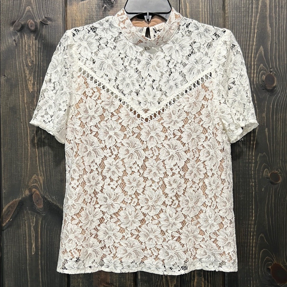 Anthropologie WAYF Ivory Greyson Lace Top Mock Neck M‎ Coquette Boho Romantic